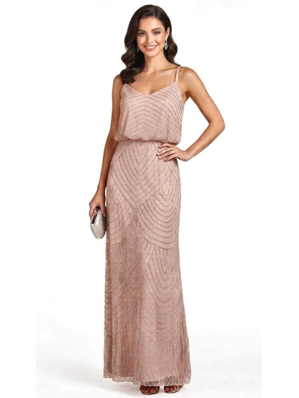 Adrianna Papell Sleeveless Beaded Formal Gown, Blush Pink, Womens Size 4
